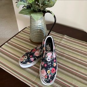 Vans, Black Floral Slip-ons